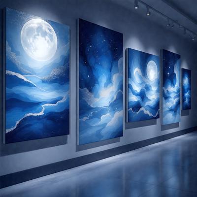 The primary subject of the image is a series of four paintings featuring the moon and clouds. The paintings are displayed on a wall, and they are illuminated by lights, creating a captivating visual effect. The setting is a room with a white wall, and the visual style appears to be a combination of digital art and illustration. The colors and mood of the paintings are predominantly blue, creating a serene and calming atmosphere.